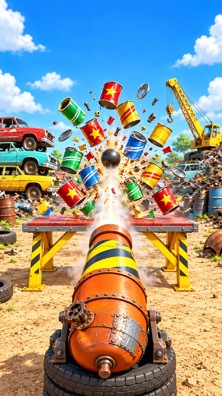 A cannon blasting a stack of cans off a table in a junkyard
